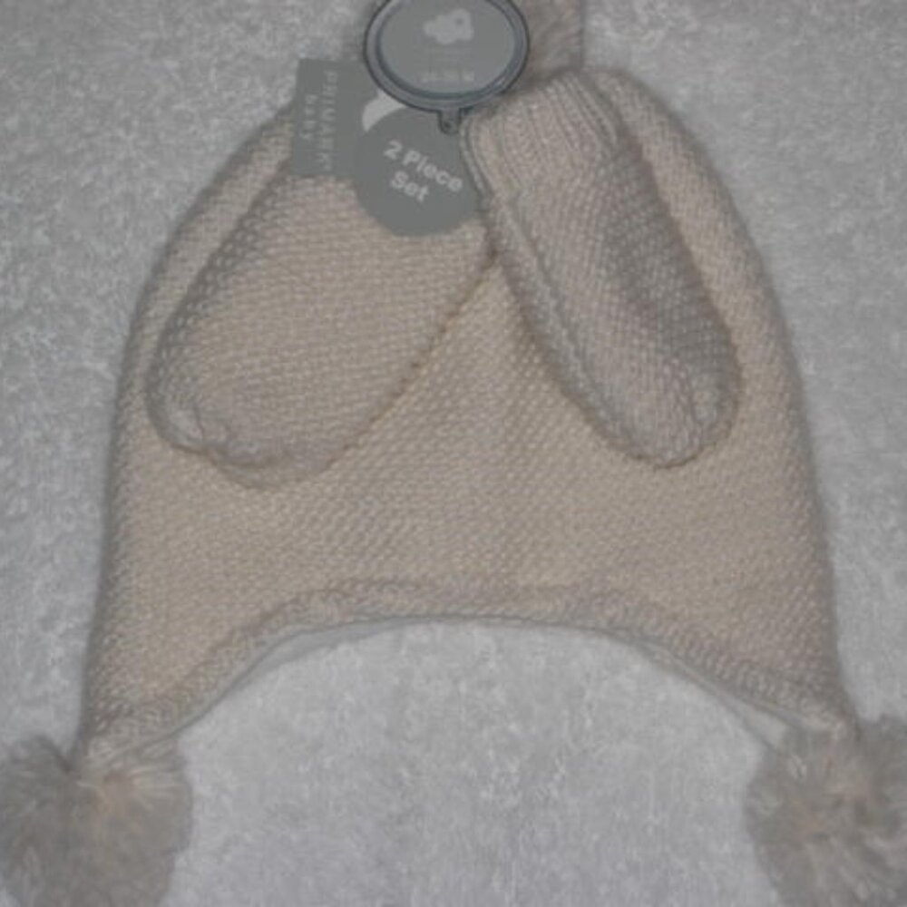 NWT Primark 24-36 Months Cream 2 Piece Set Hat Cap Pom Beanie & Mittens Gloves